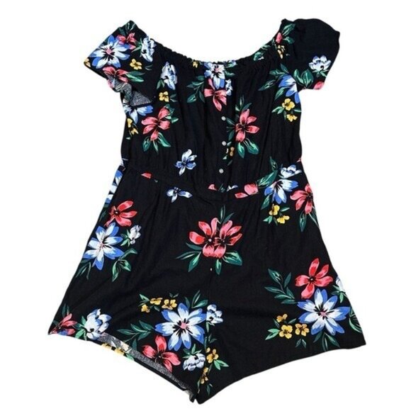 Old Navy Womens XL Short Sleeve Off the Shoulder Romper Black Floral Linen Blend - Picture 1 of 6